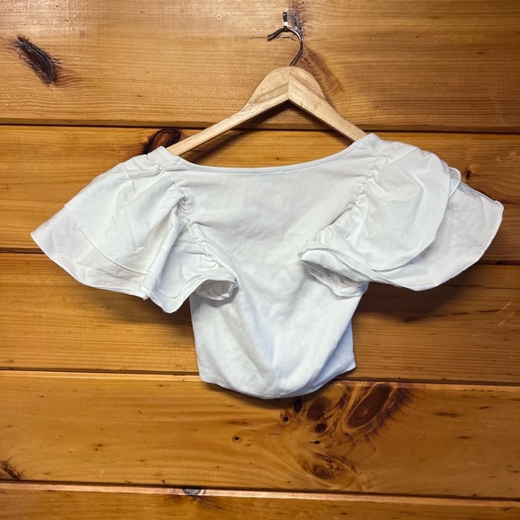 ZARA White Ruffled Puff Short Short Sleeve White Medium Top - Picture 3 of 3